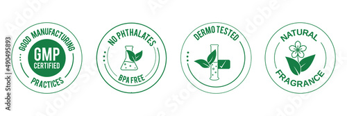GMP certified, no phthalate, BPA free, dermo tested, natural fragrance icon set vector illustration 