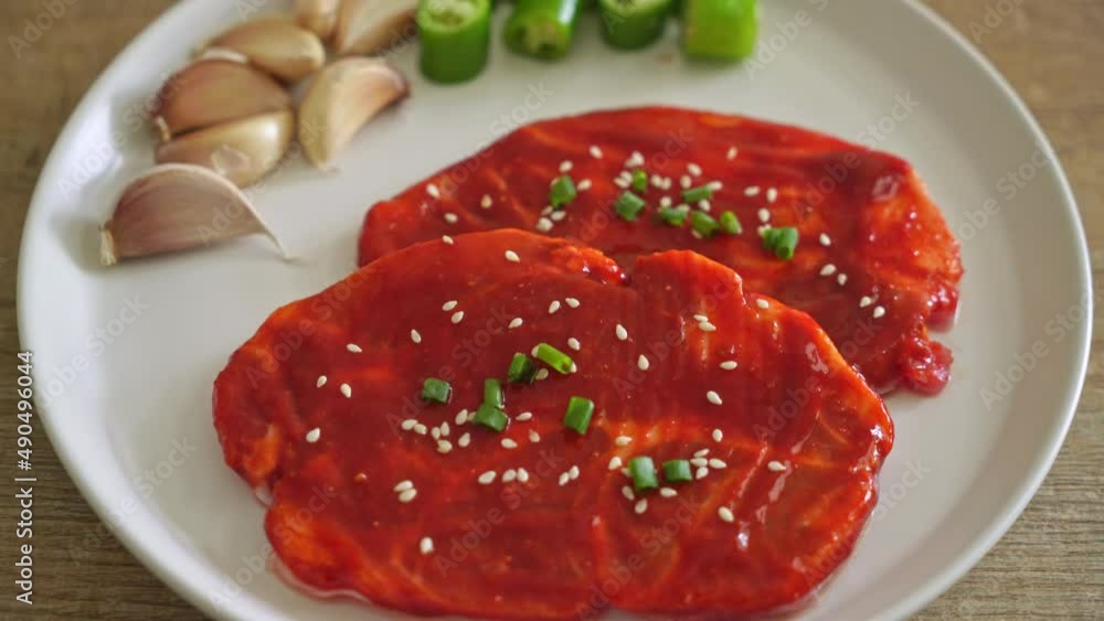 pork Korean marinated or fresh pork raw marinated with Korean spicy paste for grilling in Korean style pork Korean marinated or fresh pork raw marinated with Korean spicy paste for grilling in Korean style