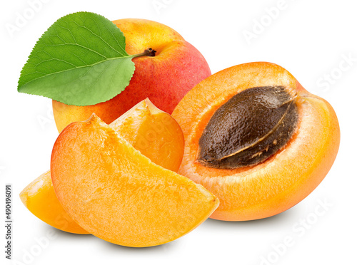Apricot fruit with leaf isolate. Apricot slice and half on white. Apricot clipping path.