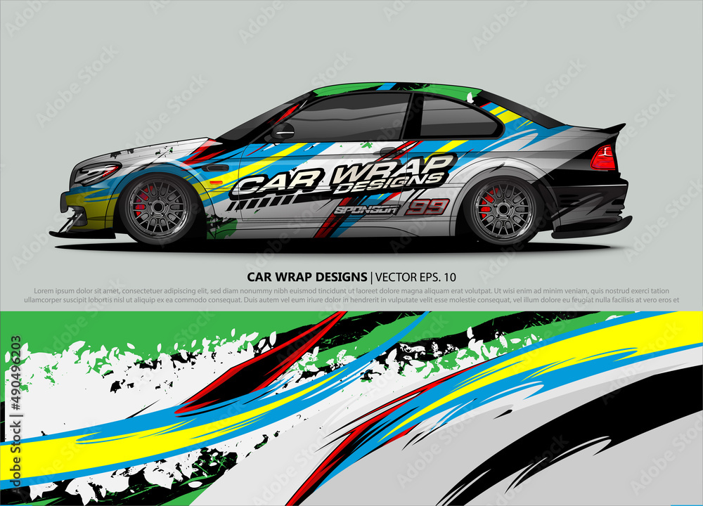 Racing Car Decal Graphic Vector, wrap vinyl sticker. Graphic abstract stripe designs for Racing vehicles. Racing Car Decal Graphic Vector, wrap vinyl sticker. Graphic abstract stripe designs for Racing vehicles.