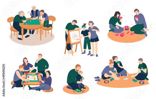 Families playing rogether boarding games. Vector set