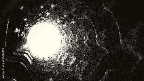 Retro styled docking corridor on space station or light at the end of tunnel concept for sci-fi poster or flyer. Gate or cave with dotwork style.
