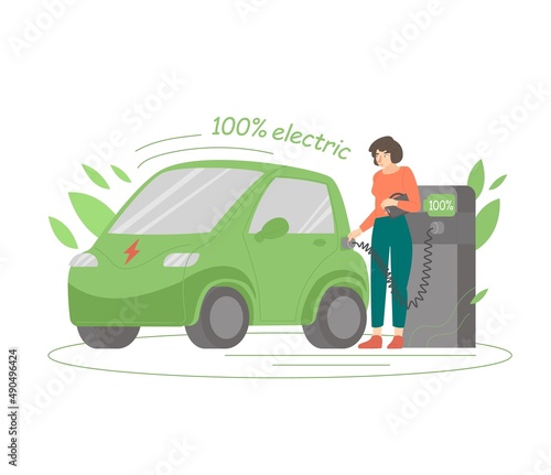 Electric car at charging station. Editable vector illustration