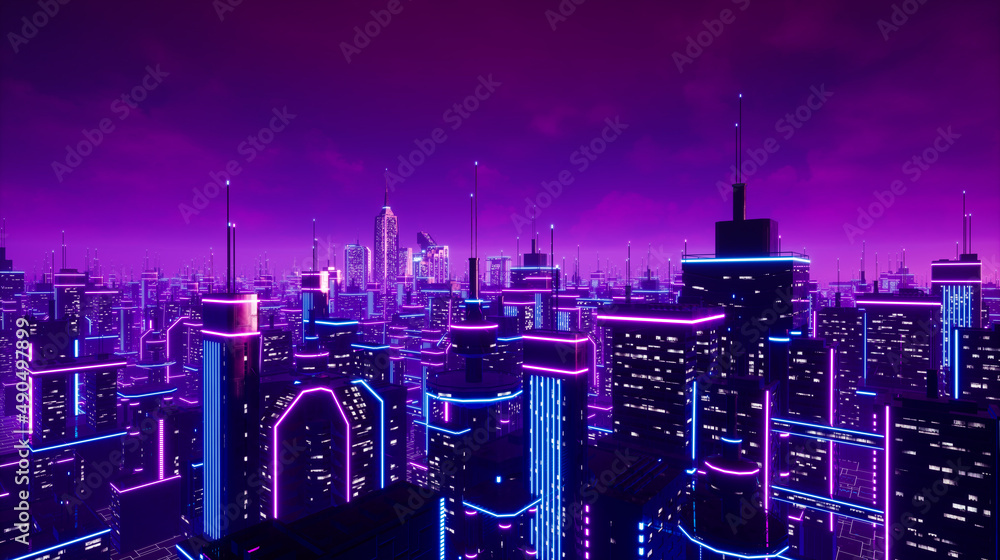 Metaverse city and cyberpunk concept, 3d render - obrazy, fototapety, plakaty 