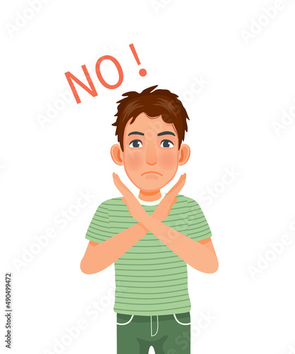 handsome young man showing no sign or stop gesture with x crossed arms 