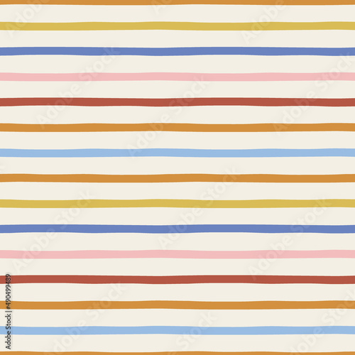 Multicoloured Irregular horizontal vertical stripes vector seamless pattern. Stripy geometric abstract background. Colourful parallel lines surface design for Scandinavian style nursery.