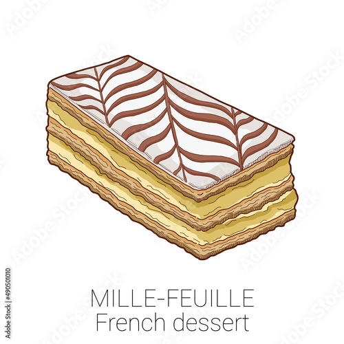 Mille Feuille French Dessert Pattiserie Cake Colorful Vector Illustration