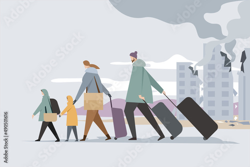 Illustration of a family is fleeing from a war torn country. Anti war concept