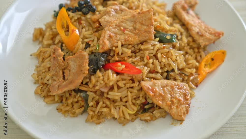 pork fried rice with herbs - Asian food style pork fried rice with herbs - Asian food style