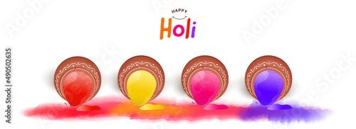 Happy Holi Celebration Concept With Colorful Paint Pouring From Earthen Pots Against White Background.