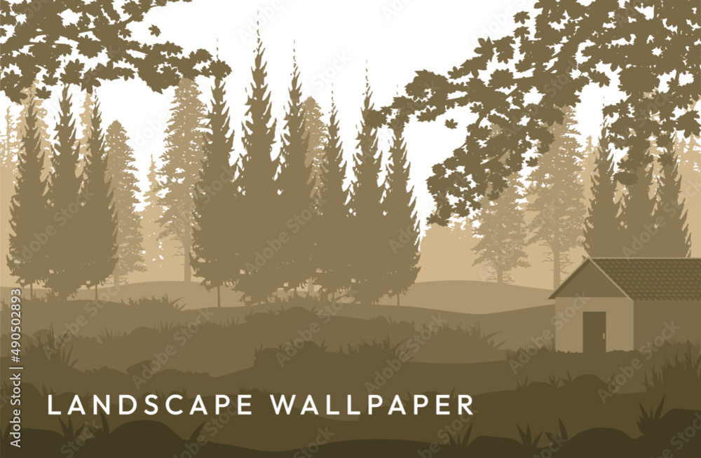 house in the forest wallpaper landscape design Stock Vector | Adobe Stock