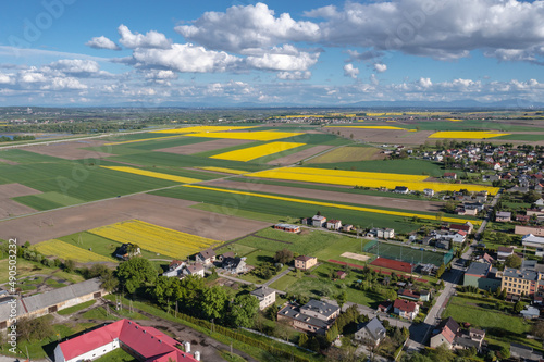 Drone aerial photo of Tworkow village and fields, Silesia region of Poland