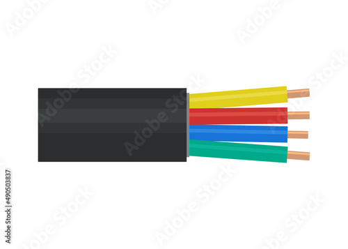 Power cable, electric copper wire, optic fiber network cable. Wire line for electronics and connection. Vector flat illustration