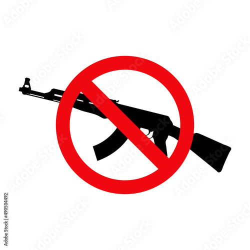 No a la guerra. Icono con signo prohibido con silueta de Kalashnikov AK-47 en color rojo y negro