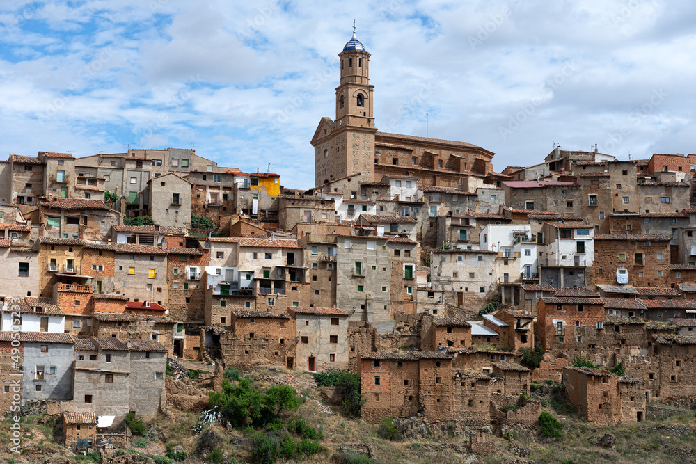 View of the village of Moros and its old typical houses in Zaragoza province, Aragón, Spain.