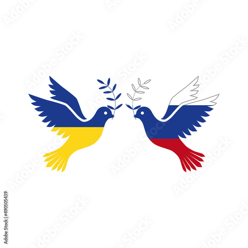 Doves of peace in the colors of the flag of Ukraine and Russia. A symbol of peace. A bird with a branch in its beak. Vector illustration isolated on white background for design and web.
