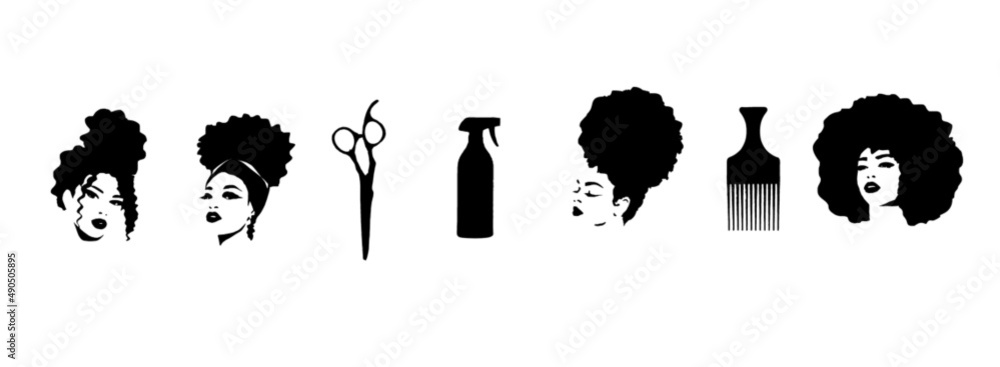 Set of female afro hairstyles. Collection of dreads and afro braids for a girl. Black and white illustration for a hairdresser - obrazy, fototapety, plakaty 