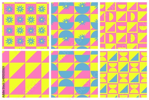 set of geometric patterns in bright colors. blue, yellow, pink