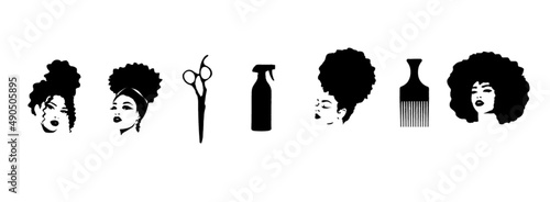 Set of female afro hairstyles. Collection of dreads and afro braids for a girl. Black and white illustration for a hairdresser