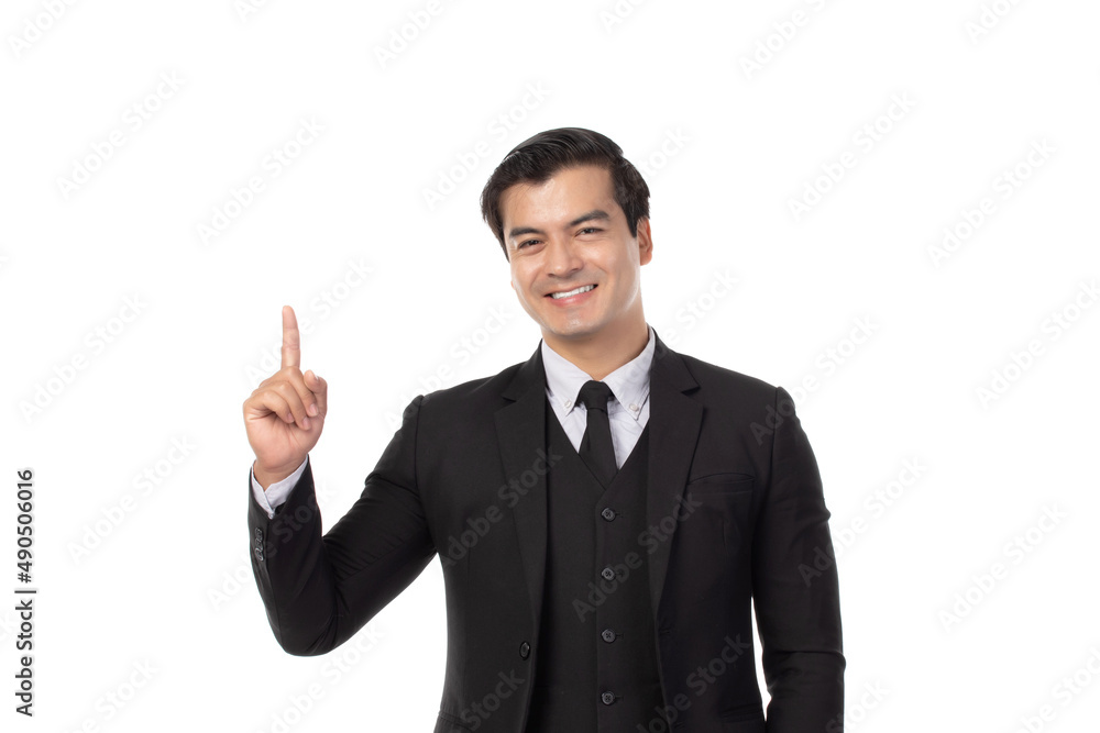 Portrait of a confident business man in black suit smile and pointing to copy space isolated on white background. Portrait business concept. Portrait of a confident business man in black suit smile and pointing to copy space isolated on white background. Portrait business concept.