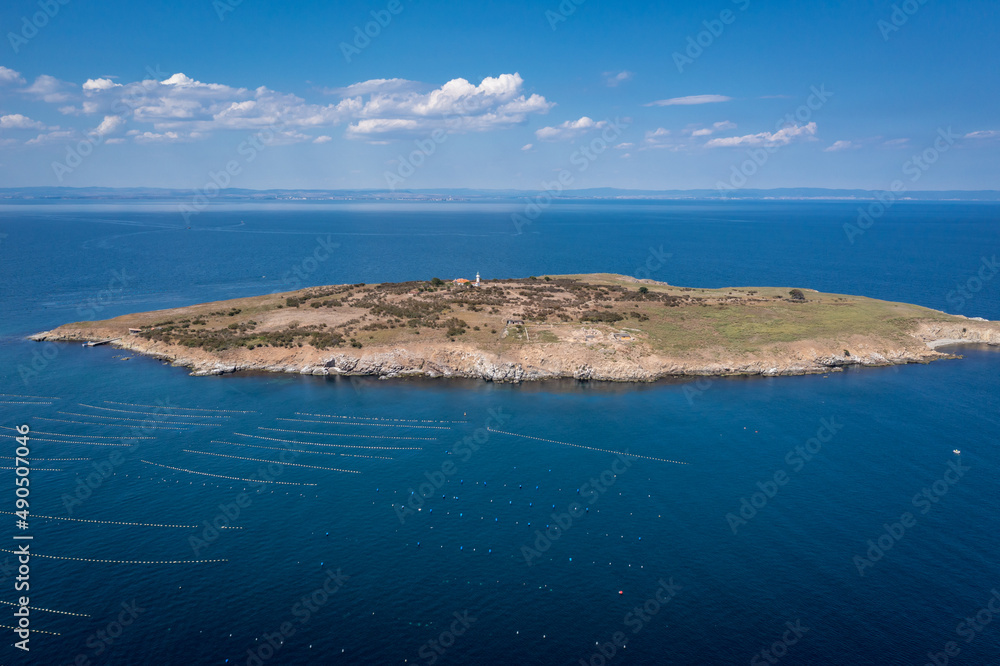 Drone photo of Island of Sveti Ivan on Black Sea coast in Sozopol city, Bulgaria