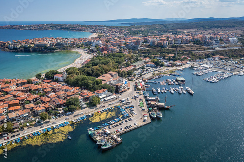 Aerial view of historic part of Sozopol city on Black Sea shore in Bulgaria