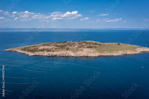 Drone photo of Island of Sveti Ivan on Black Sea coast in Sozopol city, Bulgaria