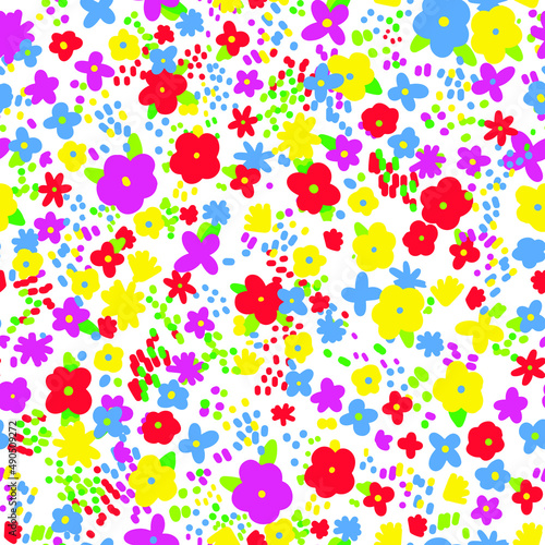 Ditsy flowers vector seamless pattern. Blossom floral repeat print. Cute botanical cartoon design for wallpaper, wrapping paper, fabric, textile, decoration.