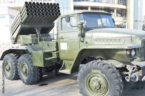 Exhibition of military equipment weapons. Tanks, armored personnel carriers, rocket launchers. photo