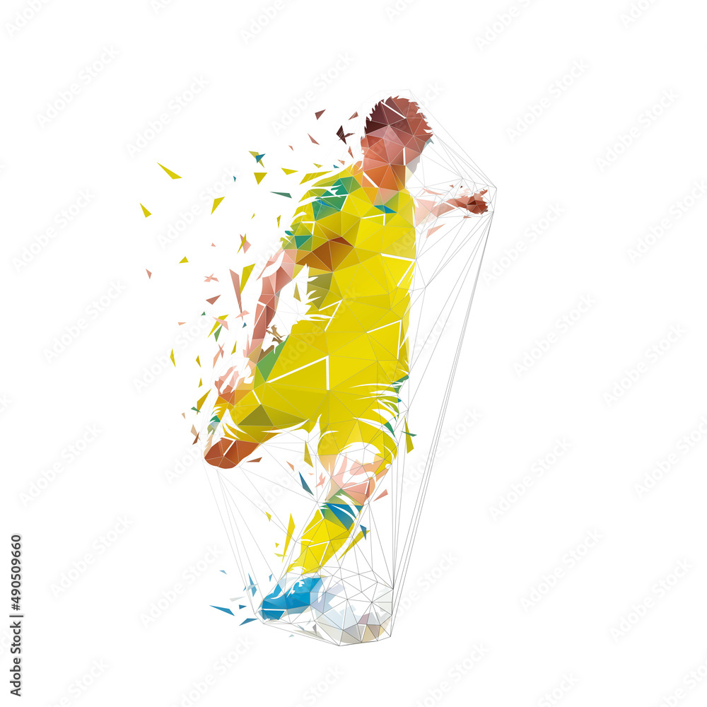 Soccer player kicking ball, low polygonal footballer shoots and scores a goal, geometric isolated vector illustration from triangles, front view