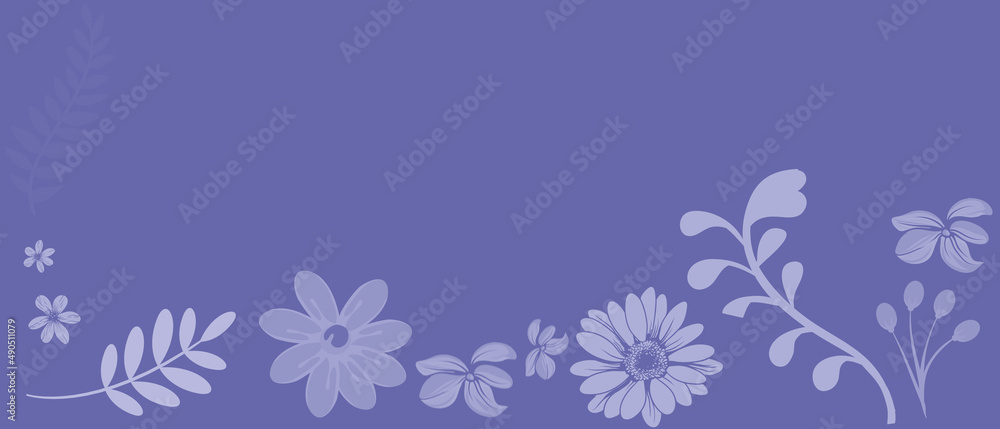 Banner mit Frühlingsblumen in der Pantone Trendfarbe des Jahres 2022 Very Peri Banner mit Frühlingsblumen in der Pantone Trendfarbe des Jahres 2022 Very Peri