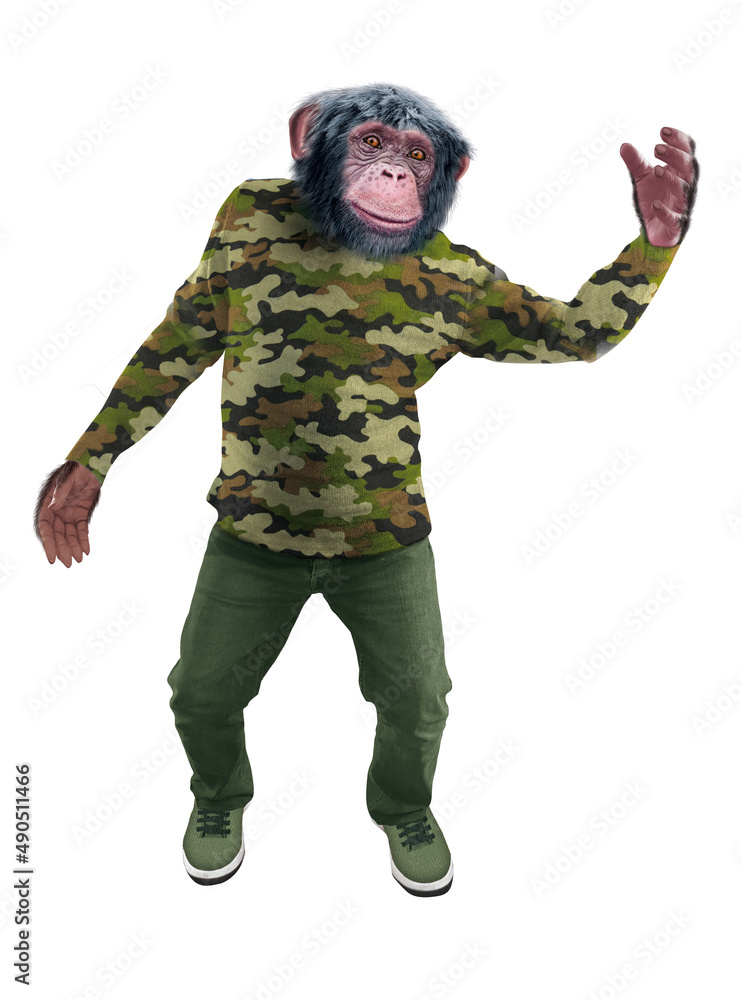 Naklejka premium chimpanzé, habillé, militaire, camouflage, force, soldat, attitude, model, mouvement, drôle, armé, salut, sympa, guère, sport