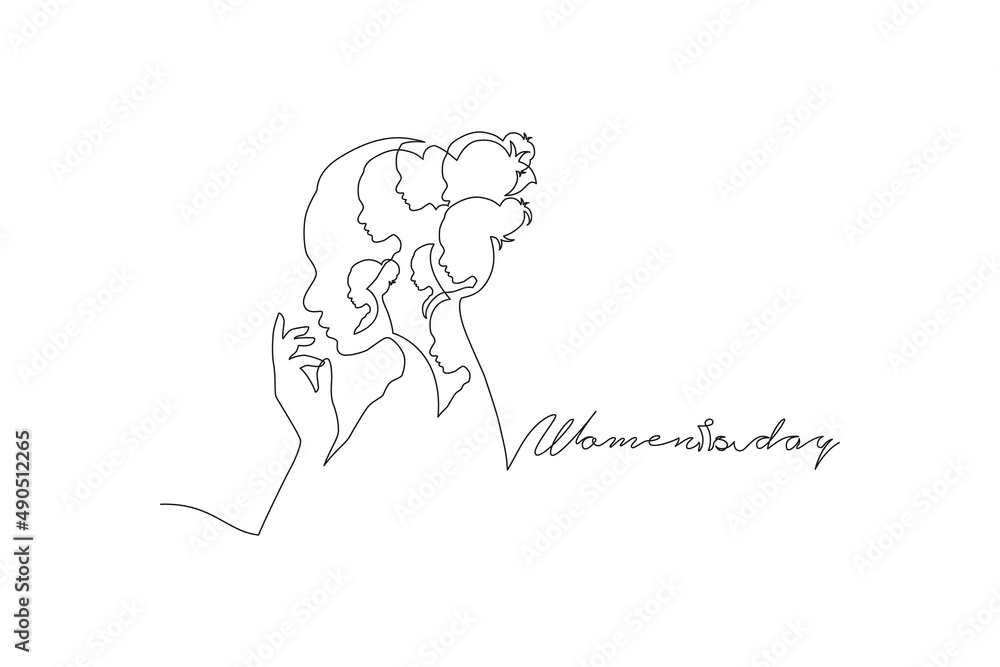Happy Women Day greeting card illustration. Continuous line drawing diverse woman silhouette. Young girl team together for march 8th international womens event. Vector illustration.