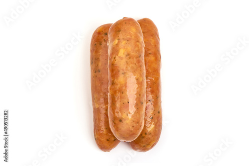 Bratwurst sausages, isolated on white background.