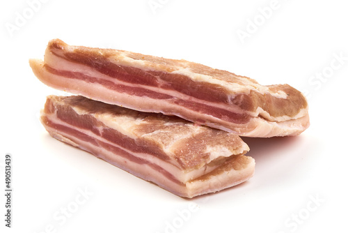 Salted bacon, pork brisket, isolated on white background.