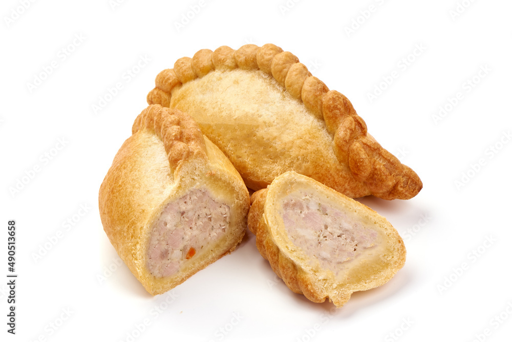 Freshly baked buns with meat, isolated on white background.