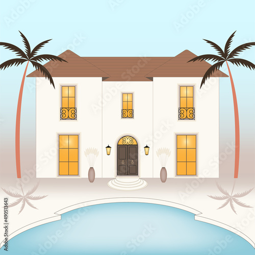 Luxurious dream house. Illuminated villa in mediterranean, Spanish colonial architectural style. Property with swimming pool and palm trees, exterior view, beach house. Real estate and travel icon.
