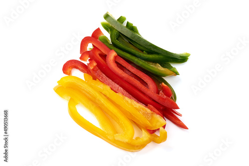 Sliced red, green, yellow bell pepper, isolated on white background. High resolution image.