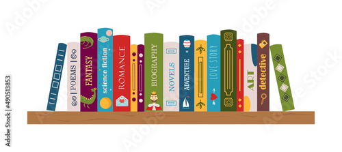 Bookshelf with books. Biography, adventure, novel, poem, fantasy, love story, detective, art, romance. Banner for library, book store. Genre of literature. Vector illustration in flat style. photo