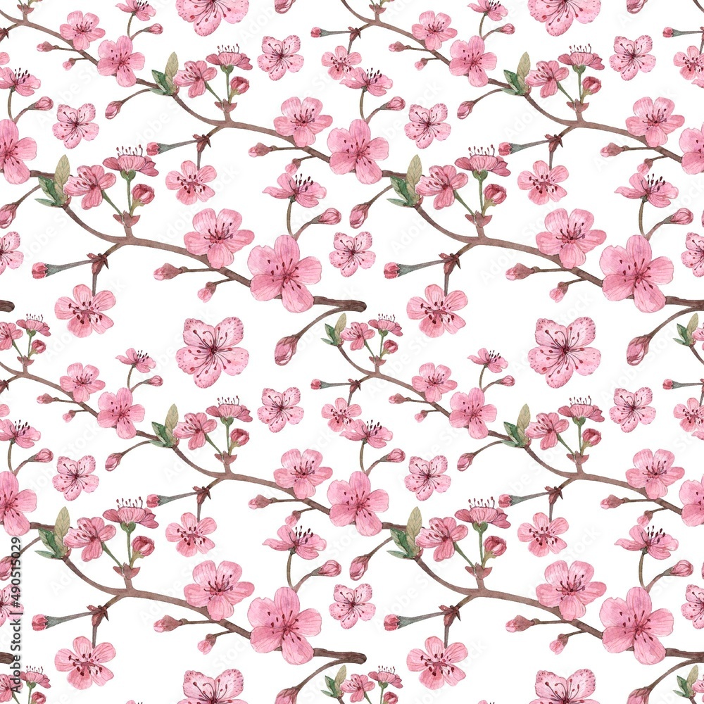 Seamless pattern of cherry and cherry blossoms, pink flowers, a twig with spring flowers