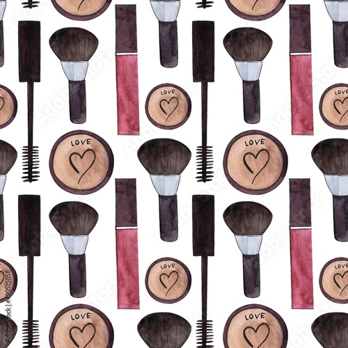 Seamless pattern of cosmetic brushes, mascara, lipstick, blush.Watercolor drawing, makeup kit