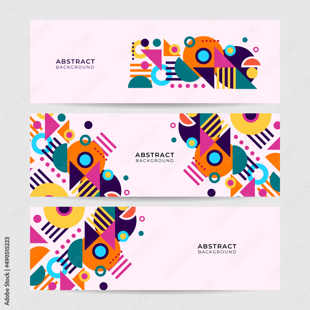 Set of Shape abstract pink colorful memphis wide banner design background Abstract colorful memphis geometric business banner background. Vector illustration.
