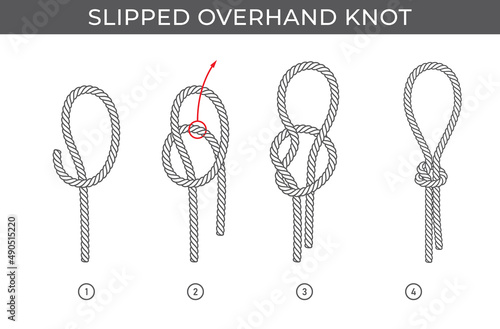 Vector simple instructions for tying a slipped overhand knot. Four steps. Isolated on white background.
 photo