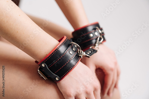 Black and red Leather Locking Hand Cuffs