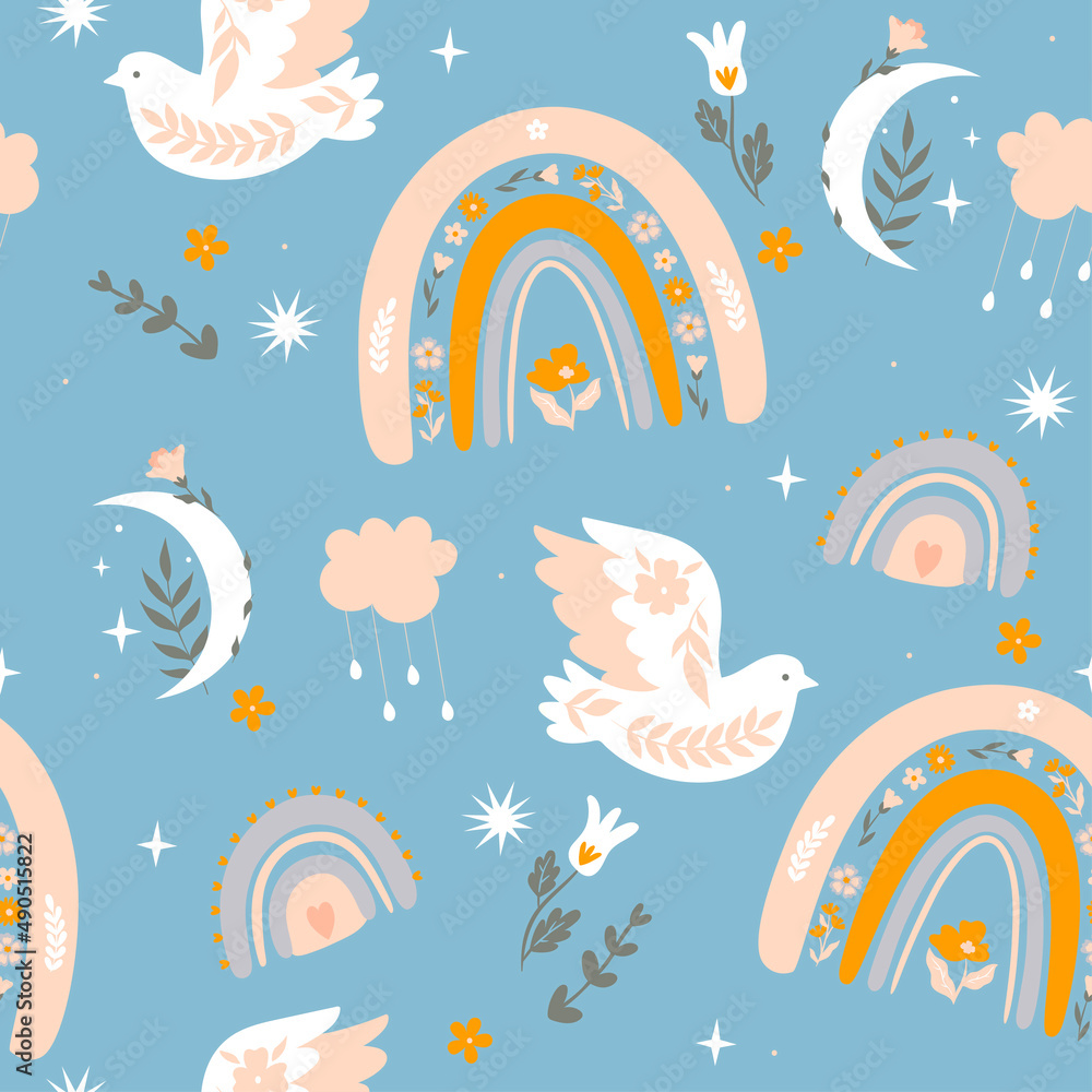 Seamless pattern in boho style with birds and rainbows. Vector graphics.