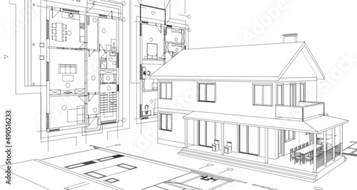 house architectural project sketch 3d illustration