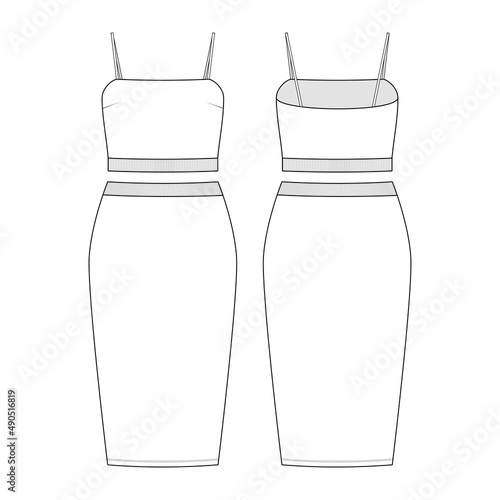 Fashion technical drawing of jersey crop top and skirt set