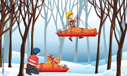 Snow forest scene with firerman rescue in cartoon style
