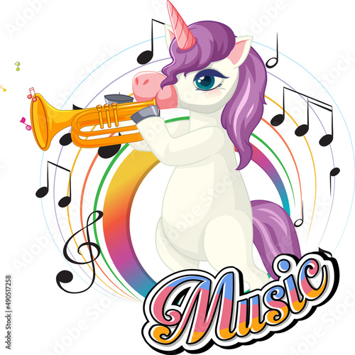 Cute purple unicorn blowing trumpet with music notes on white background.