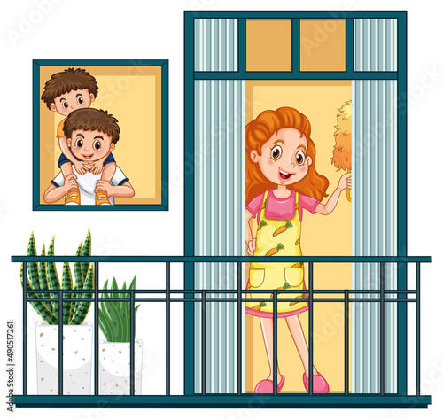 View through the window balcony of happy family